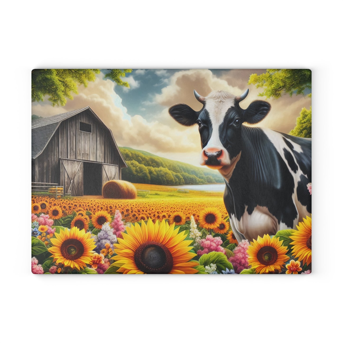🐄🌻 Black & White Cow in Sunflower Field Glass Cutting Board – Peaceful Barn, Lake & Nature Scene 🌳