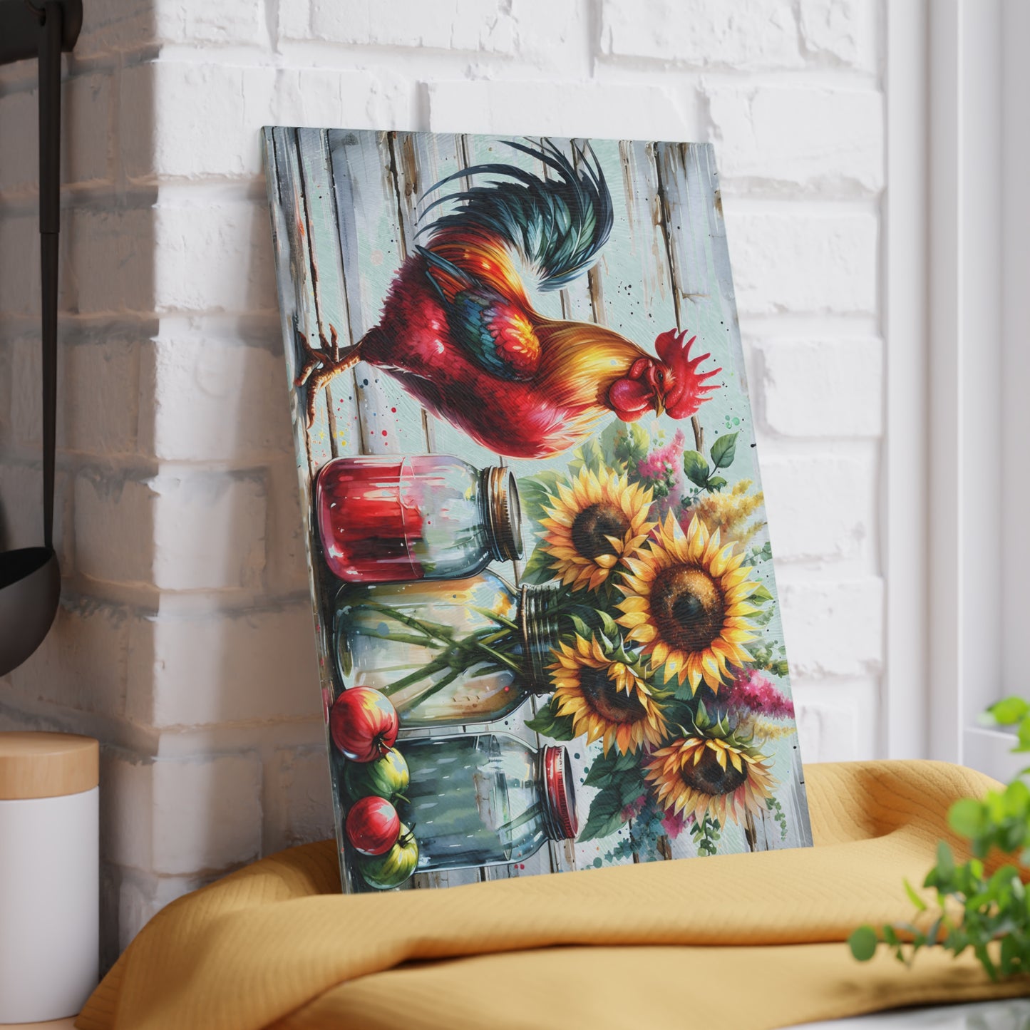 🐓 Bold Rooster & Mason Jar Cutting Board – Rustic Sunflower Farmhouse Decor