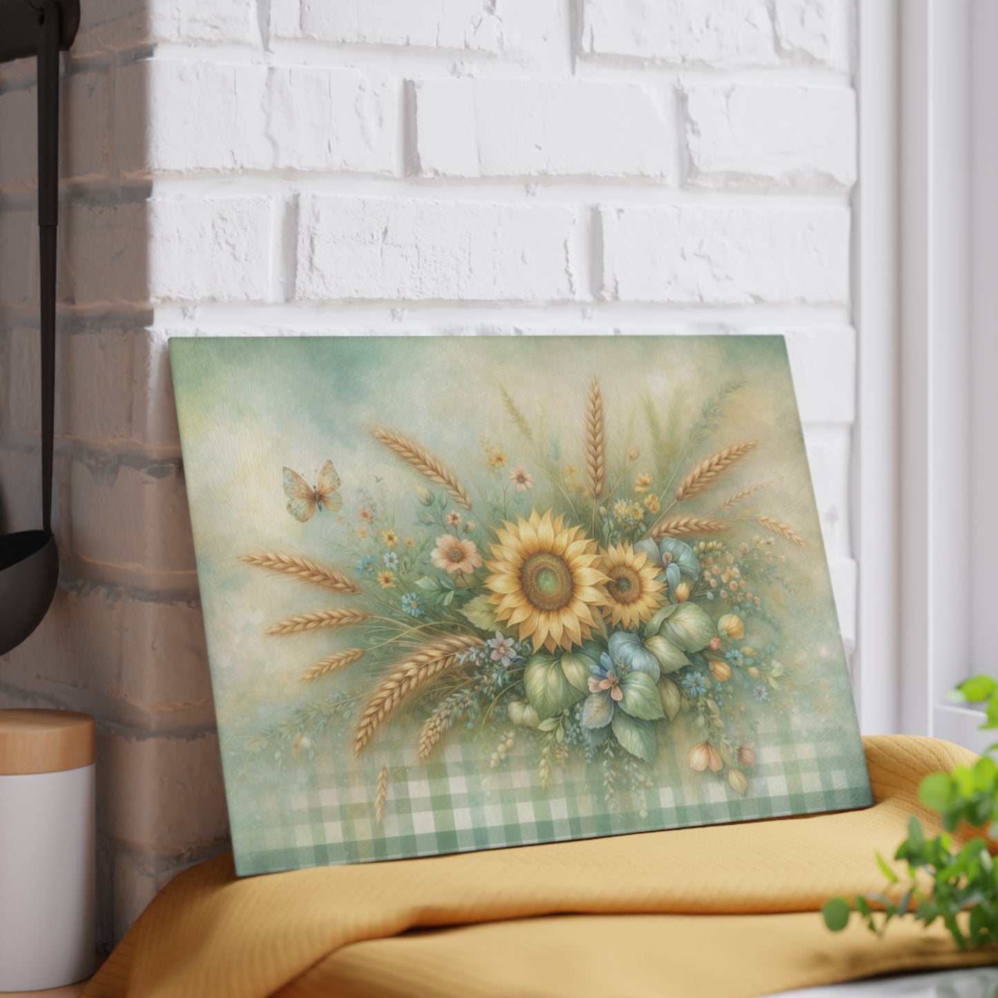 Sunflower and Wheat Garden Glass Cutting Board – Rustic Farmhouse Floral Kitchen Decor
