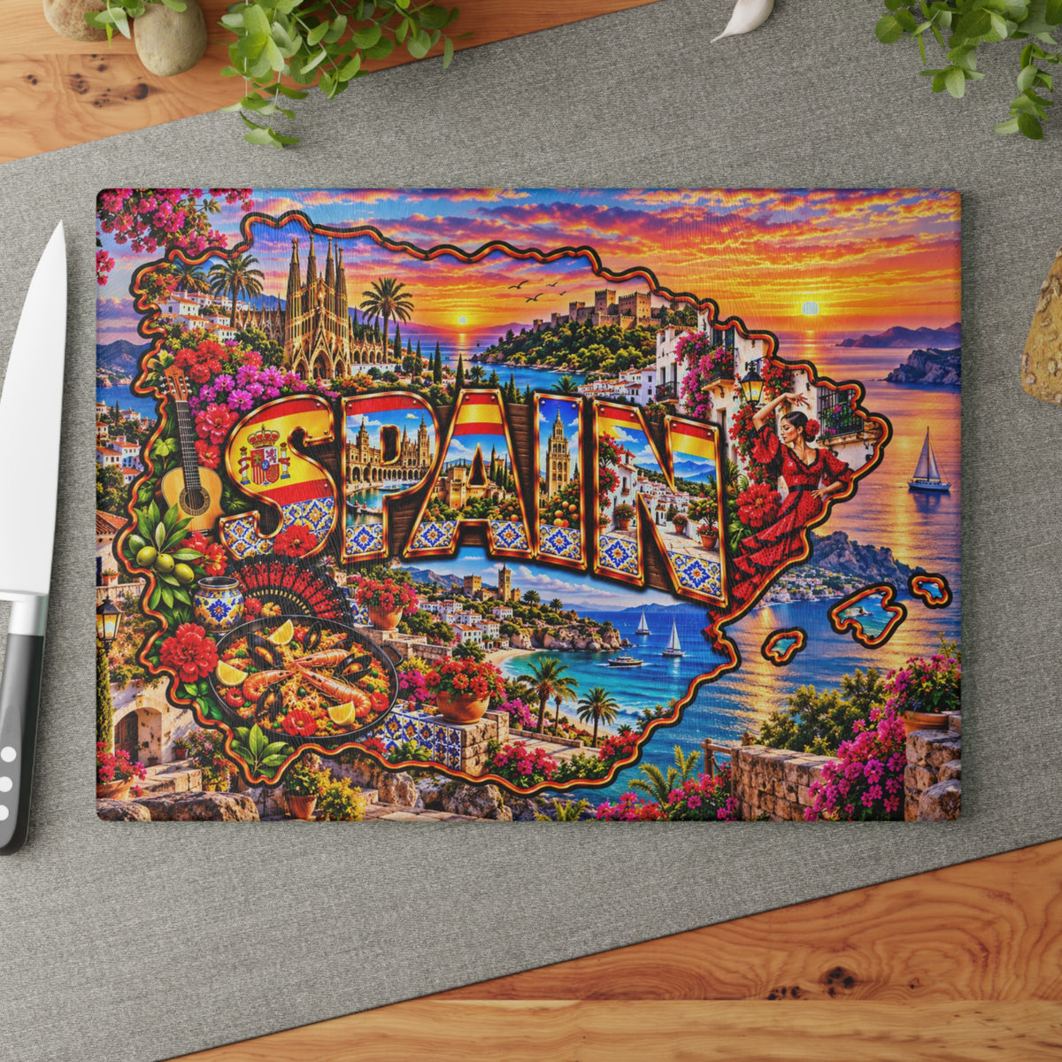 Spain Glass Cutting Board – Spanish Map, Flamenco Dancer, Sagrada Família, Coastal Villages & Mediterranean Sunset Kitchen Décor