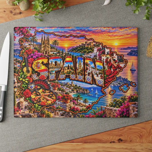 Spain Glass Cutting Board – Spanish Map, Flamenco Dancer, Sagrada Família, Coastal Villages & Mediterranean Sunset Kitchen Décor