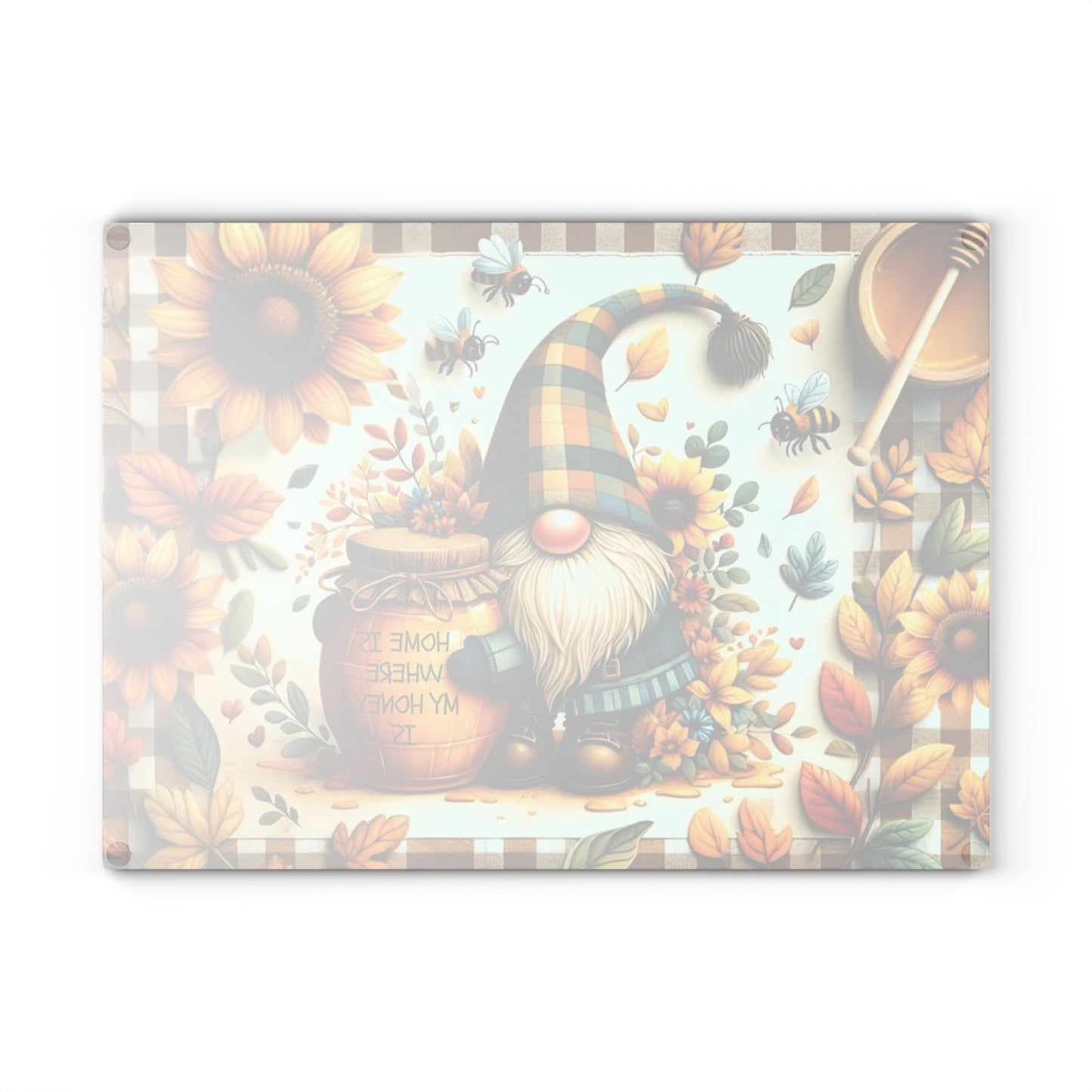🐝🌻 “Home Is Where My Honey Is” Gnome Glass Cutting Board – Sunny Cheer for Your Kitchen