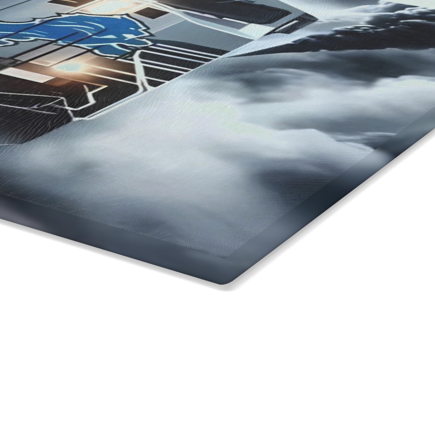 Light Blue & Silver Express Glass Cutting Board – Sleek Train Design for Cool, Modern Kitchens