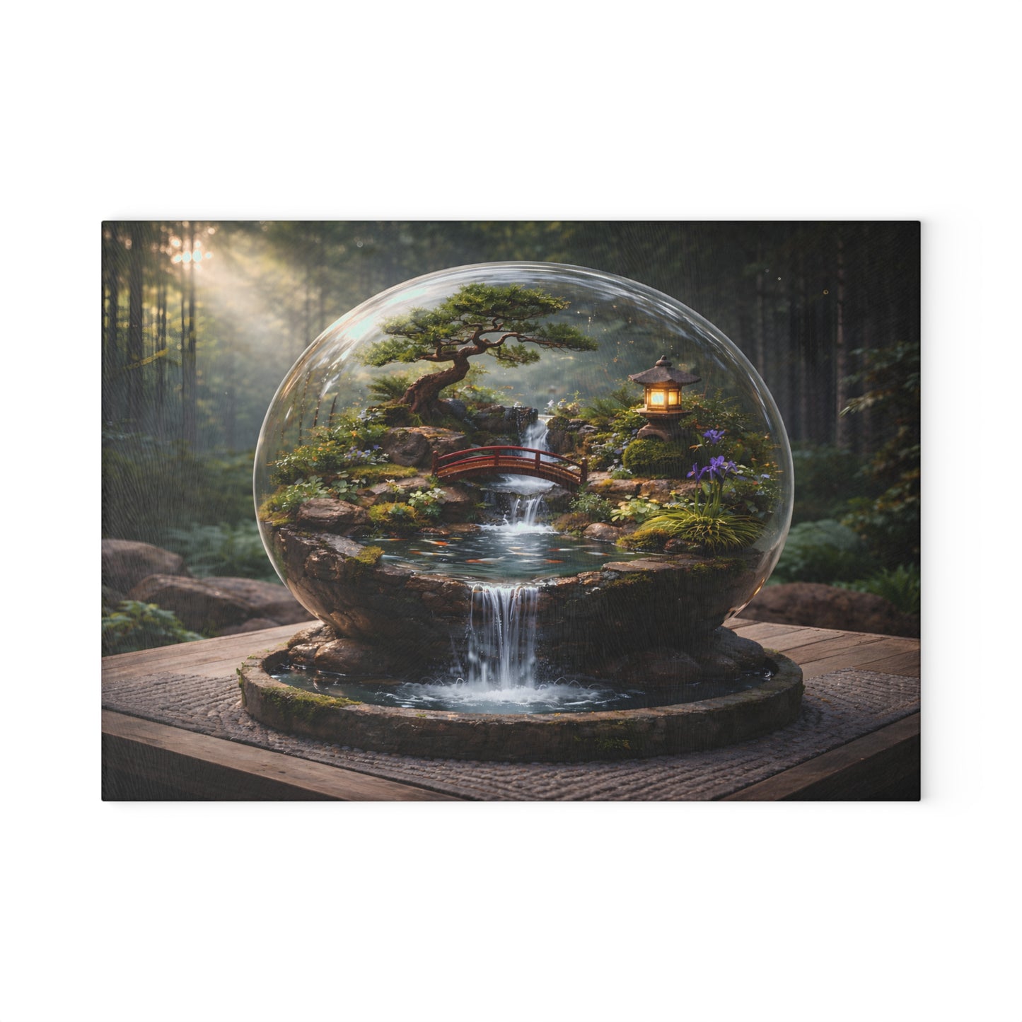 Zen Garden Waterfall Globe Glass Cutting Board – Tranquil Japanese-Inspired Nature Art