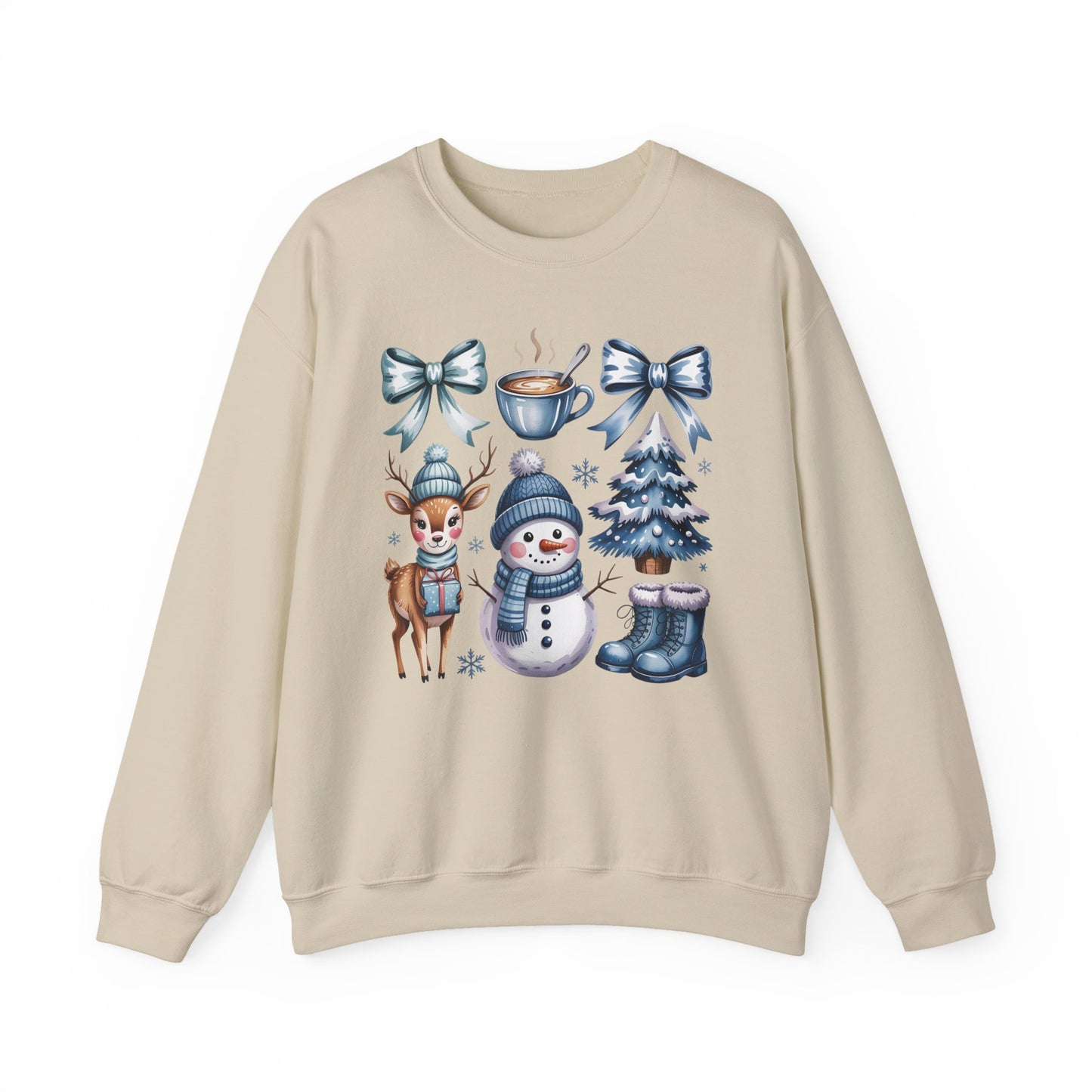 ❄️💙 Cozy Winter Vibes Crewneck – Reindeer, Snowman, Cocoa & Bows