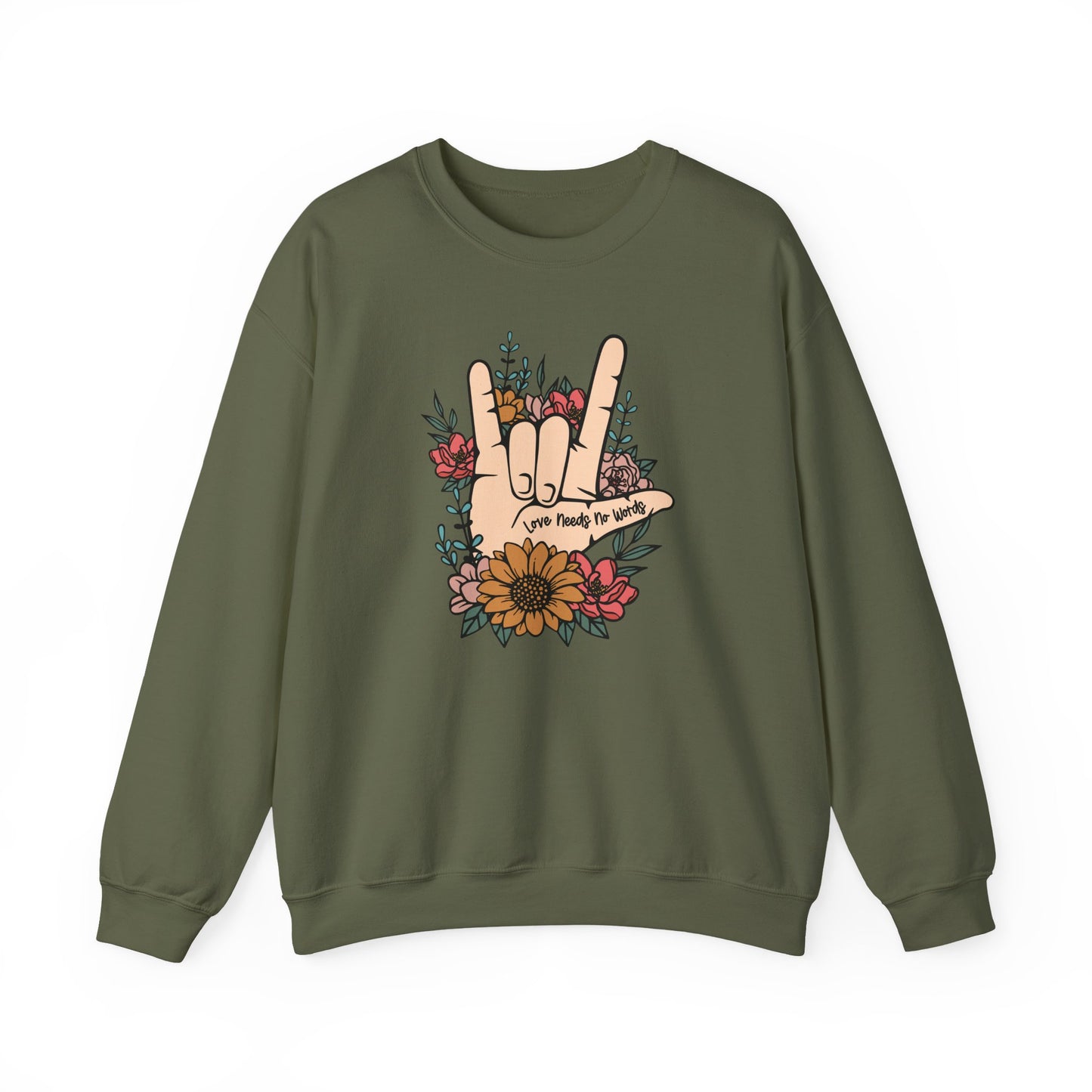 🎄🤟 Love Needs No Words Christmas Sweatshirt – ASL Holiday Floral Design for Meaningful Gifts 🌸🎁