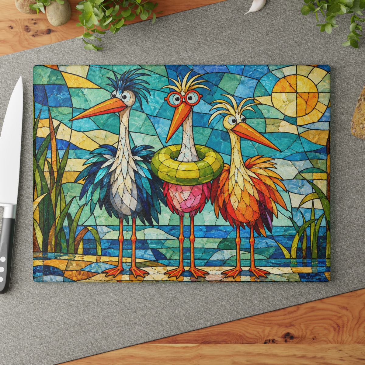 Funny Colorful Birds Stained-Glass-Look Glass Cutting Board – Whimsical Bird Kitchen Decor