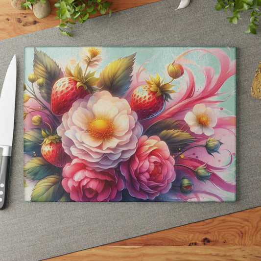 🍓🌸 Strawberry Floral Swirl Cutting Board – Elegant Berry Blooms for Your Kitchen