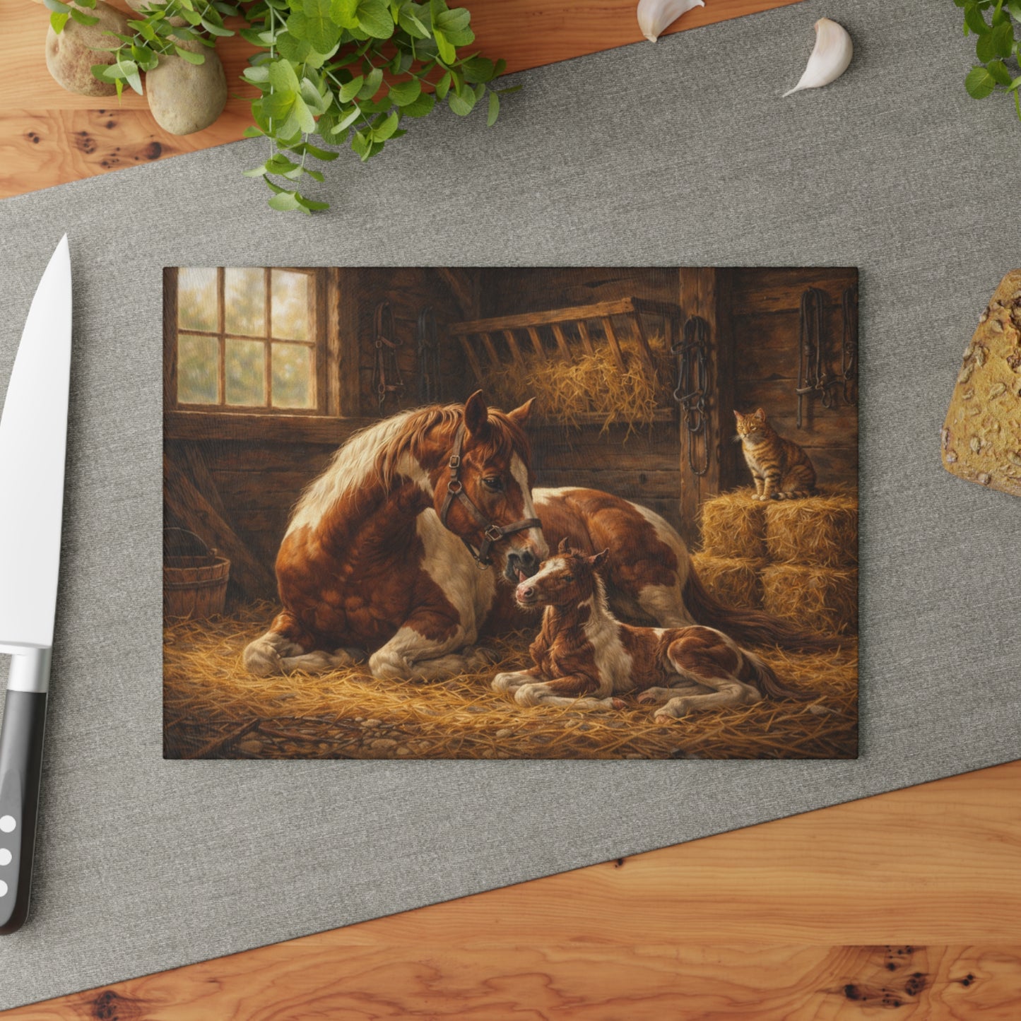 Mother Horse and Foal Barn Scene Glass Cutting Board – Rustic Farmhouse Kitchen Decor with Country Stable Artwork