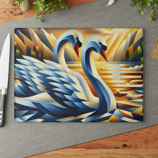 Tabla de cortar de vidrio con dos cisnes cubistas: escena artística del río