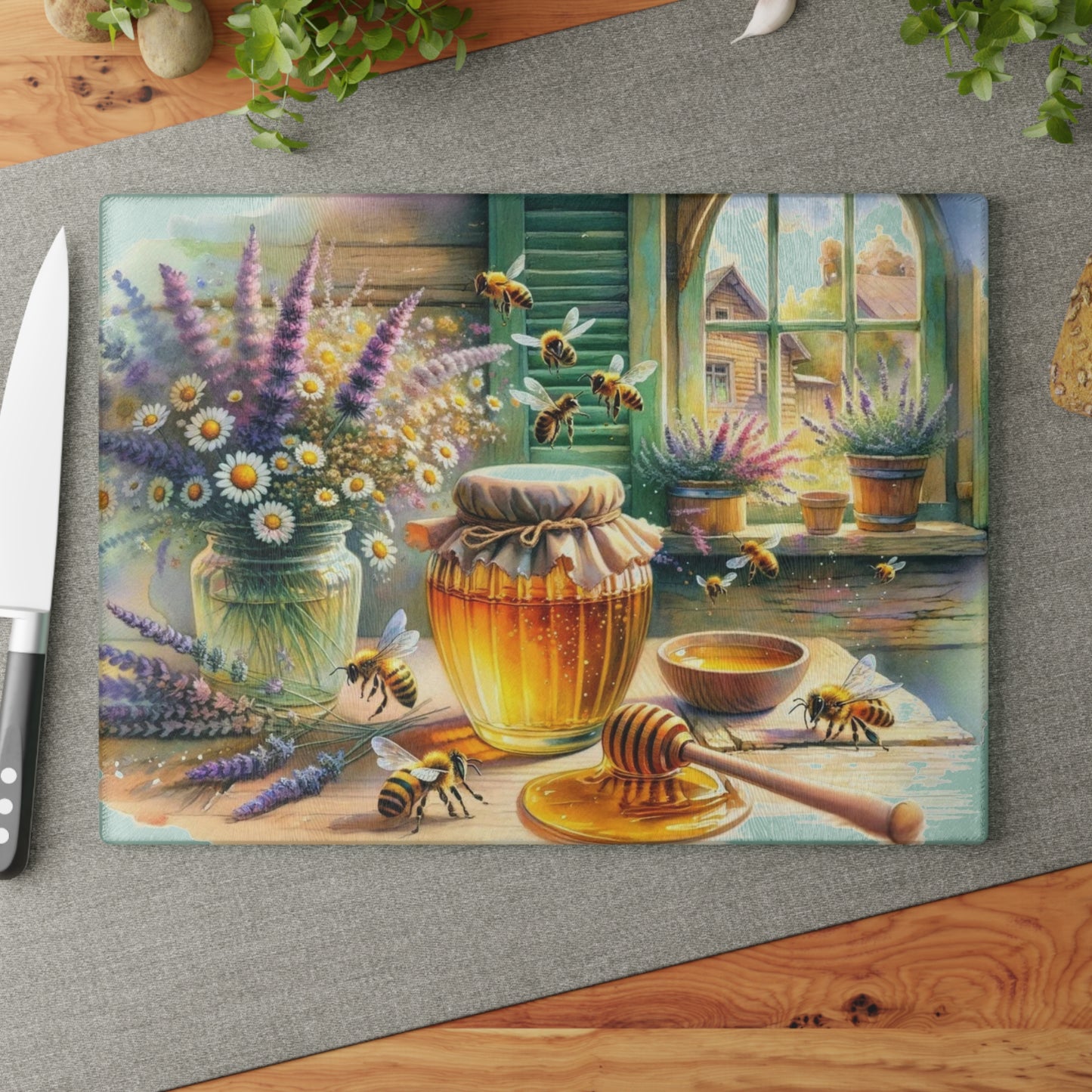🍯🌼 “Honey & Wildflowers” Glass Cutting Board – Cozy Cottage Charm for Your Kitchen