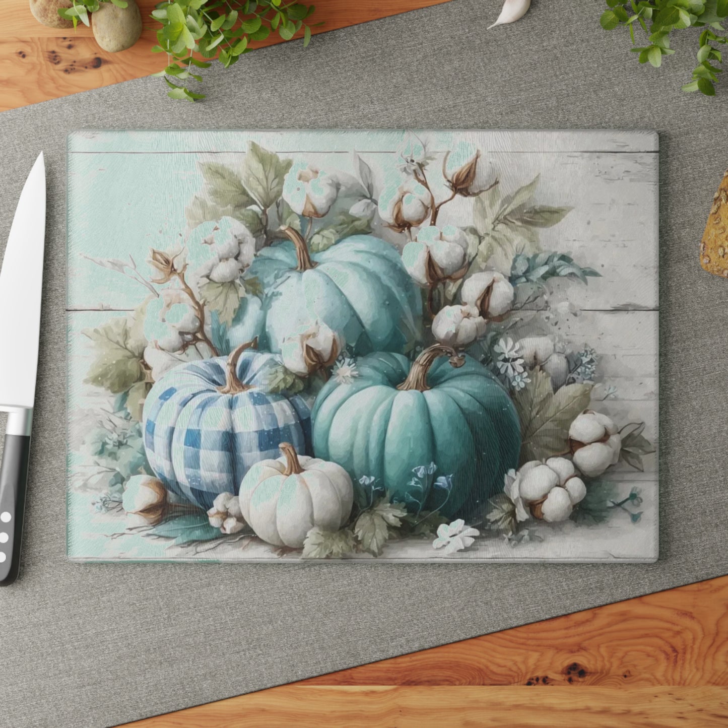 🎃🧵 “Teal Pumpkin Patch” Tempered Glass Board – Cozy Country Autumn
