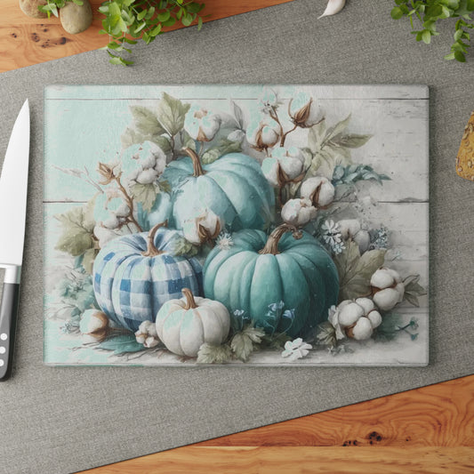 🎃🧵 “Teal Pumpkin Patch” Tempered Glass Board – Cozy Country Autumn