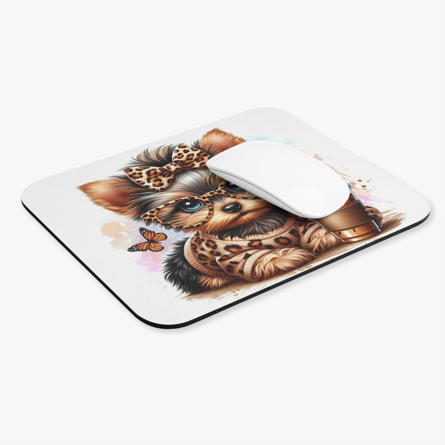 🖱️☕🐶 Leopard Chic Yorkie Mouse Pad – Glasses, Iced Coffee & Cute Vibes