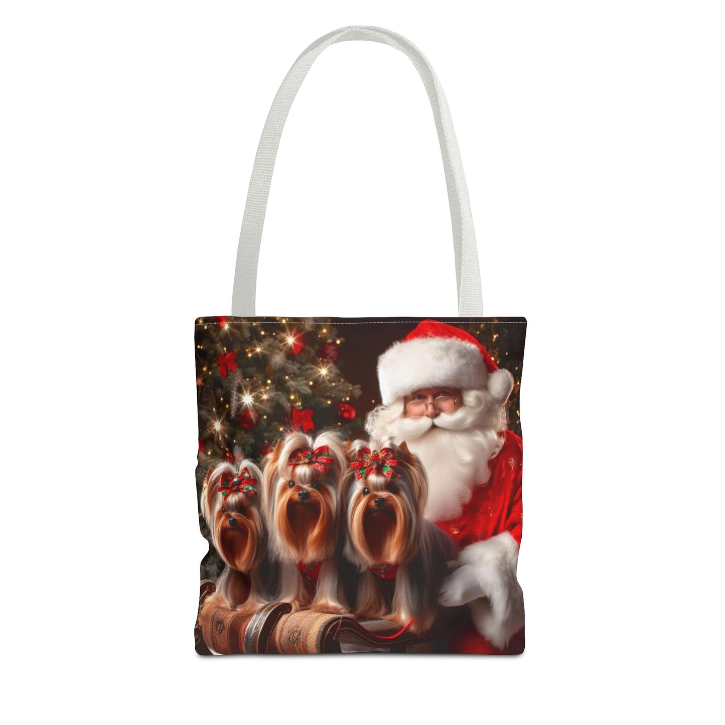 🎅 Santa & Yorkies Christmas Tote Bag – Holiday Cheer with a Furry Twist 🎄