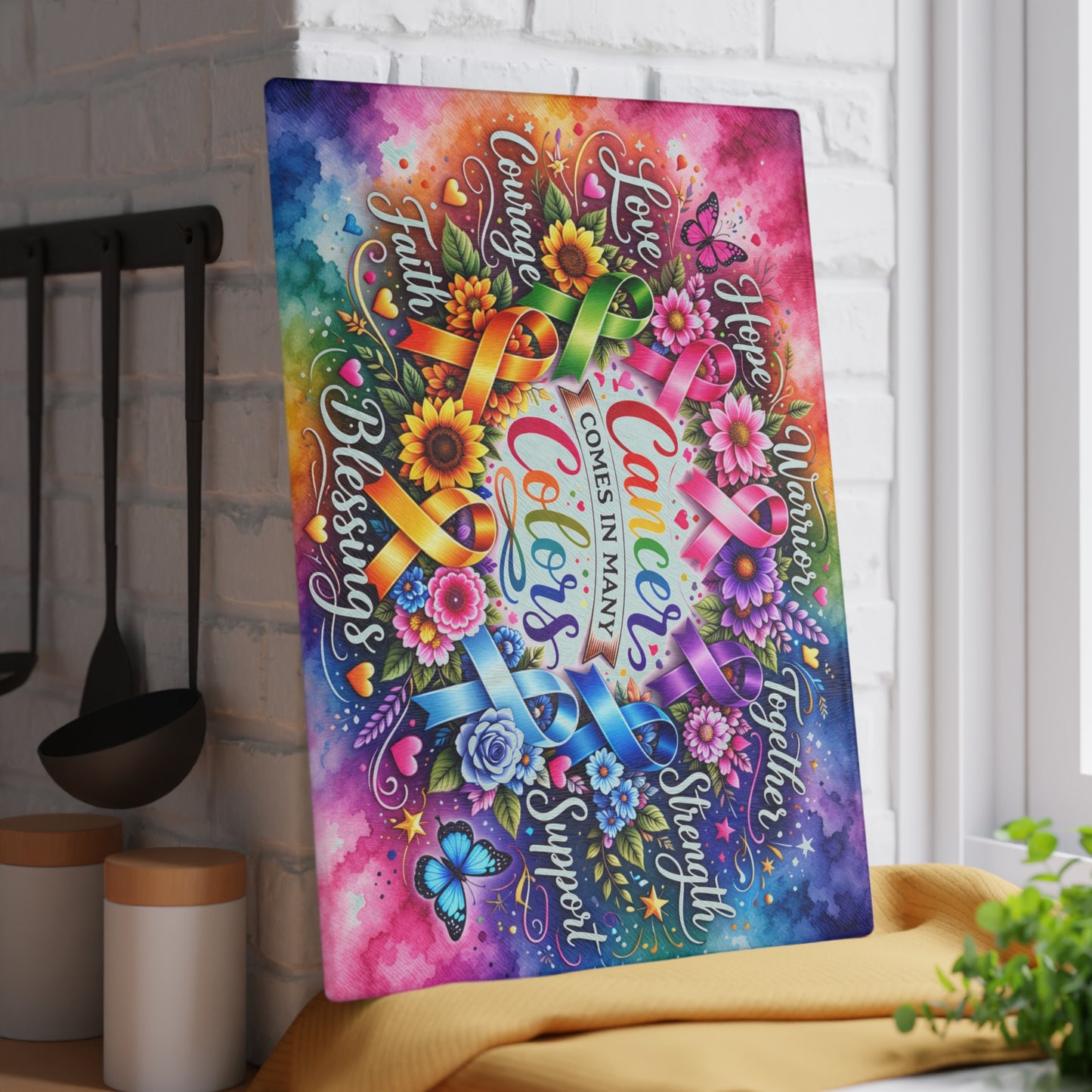 Cancer Comes in Many Colors Glass Cutting Board – Awareness Ribbon Floral Artwork