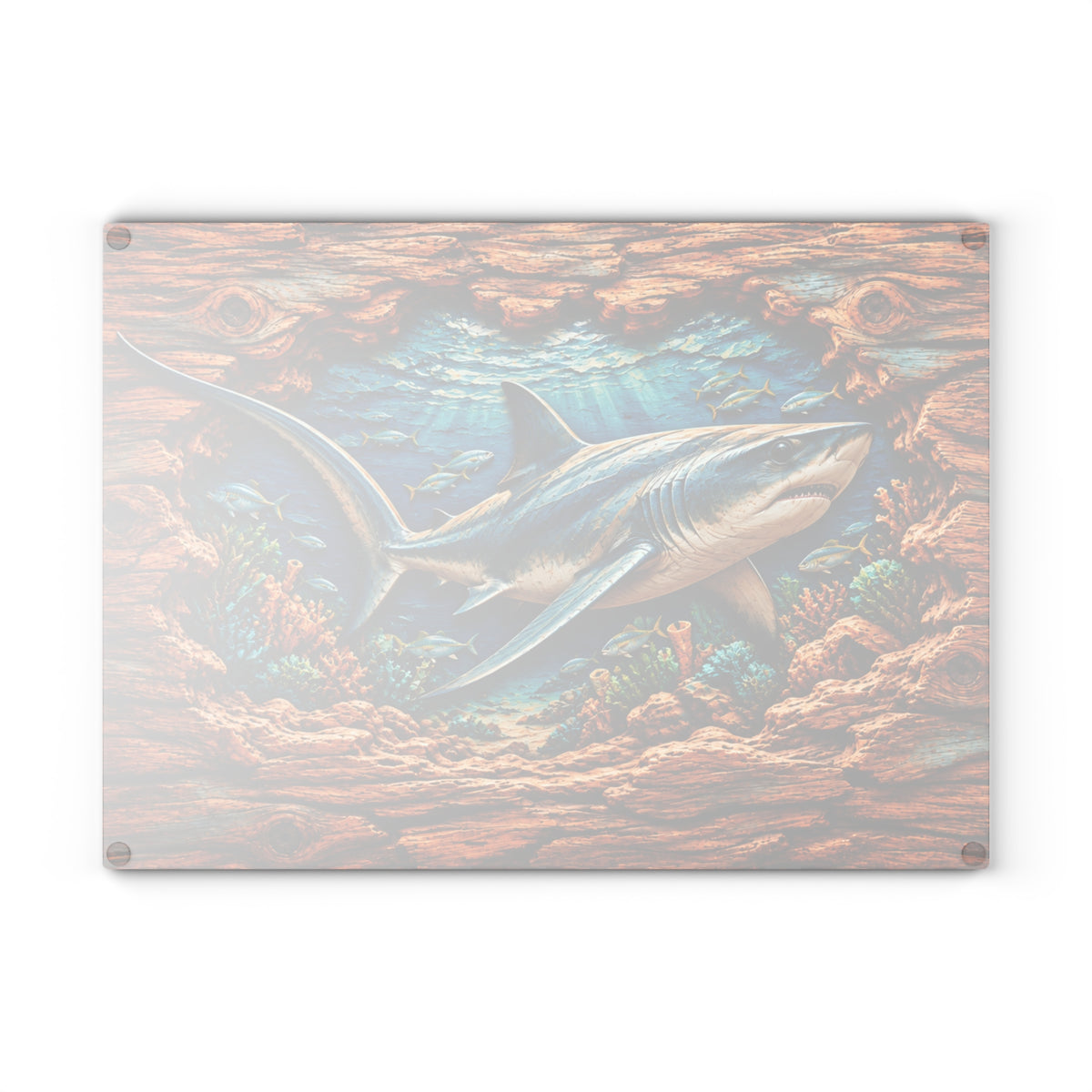 Thresher Shark Glass Cutting Board – Ocean Predator, Tropical Fish, Coral Reef & 3D Carved Wood Look
