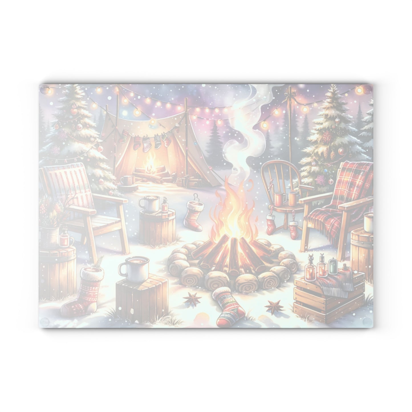 🔥🏕️ “Cozy Campfire Christmas” Glass Cutting Board – Winter Charm for Your Kitchen
