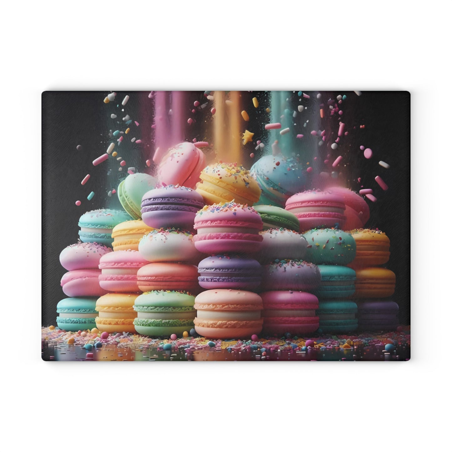 Tabla de cortar de vidrio con macarons pastel: una decoración de cocina dulce con un toque de fantasía