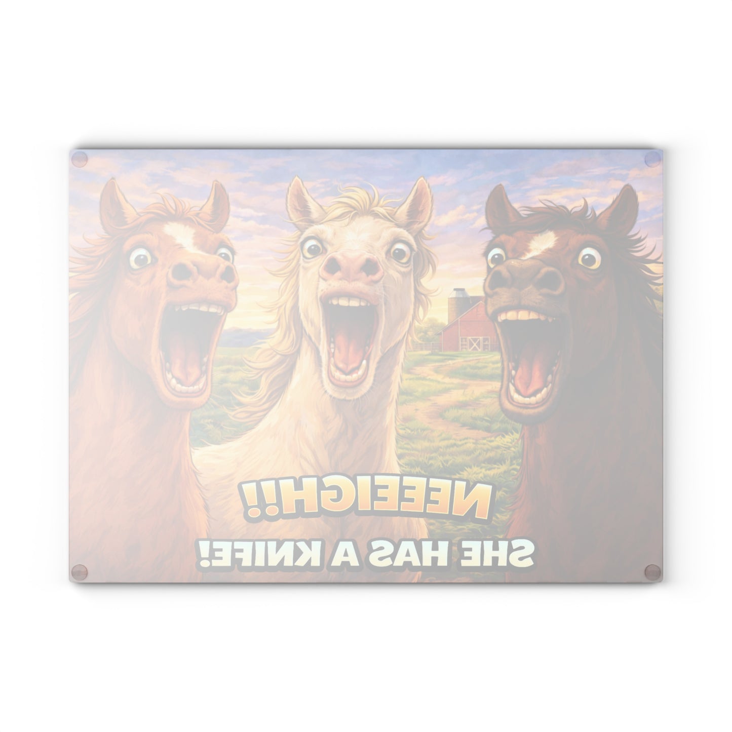 Funny Horse Glass Cutting Board – Whimsical Farm Humor Kitchen Display