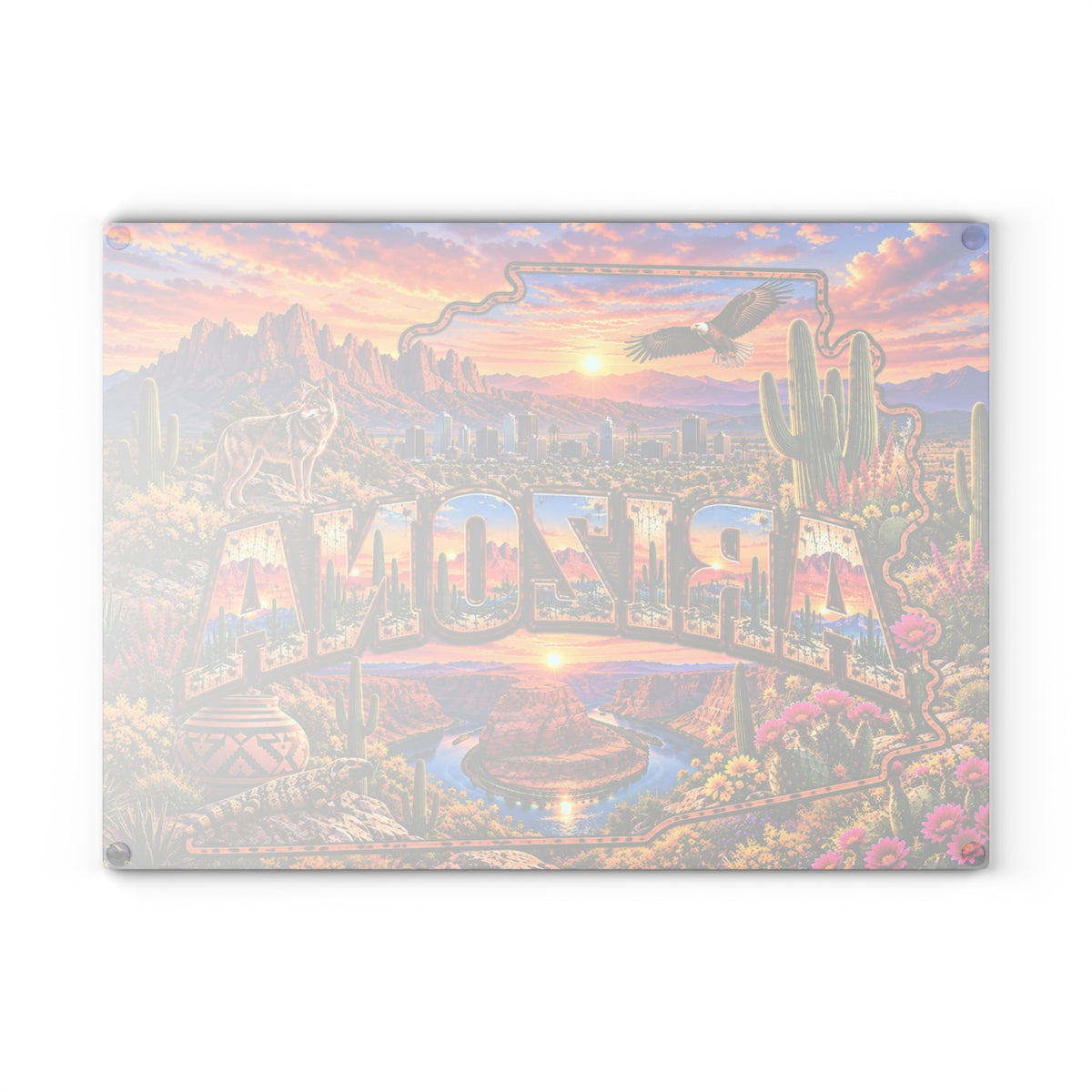 Arizona Glass Cutting Board – Arizona State Map, Grand Canyon, Saguaro Cactus, Desert Wildlife & Sunset Kitchen Décor