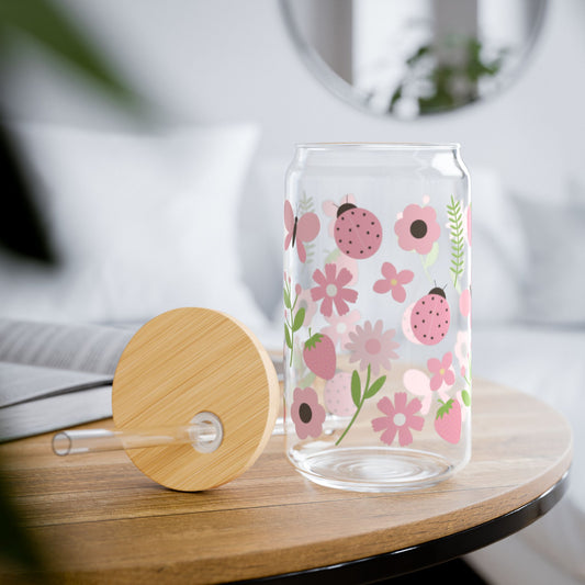 🍓🌸 Strawberry Ladybug Sipper Glass – 16oz Sweet Garden Charm in Every Sip 💕🌿