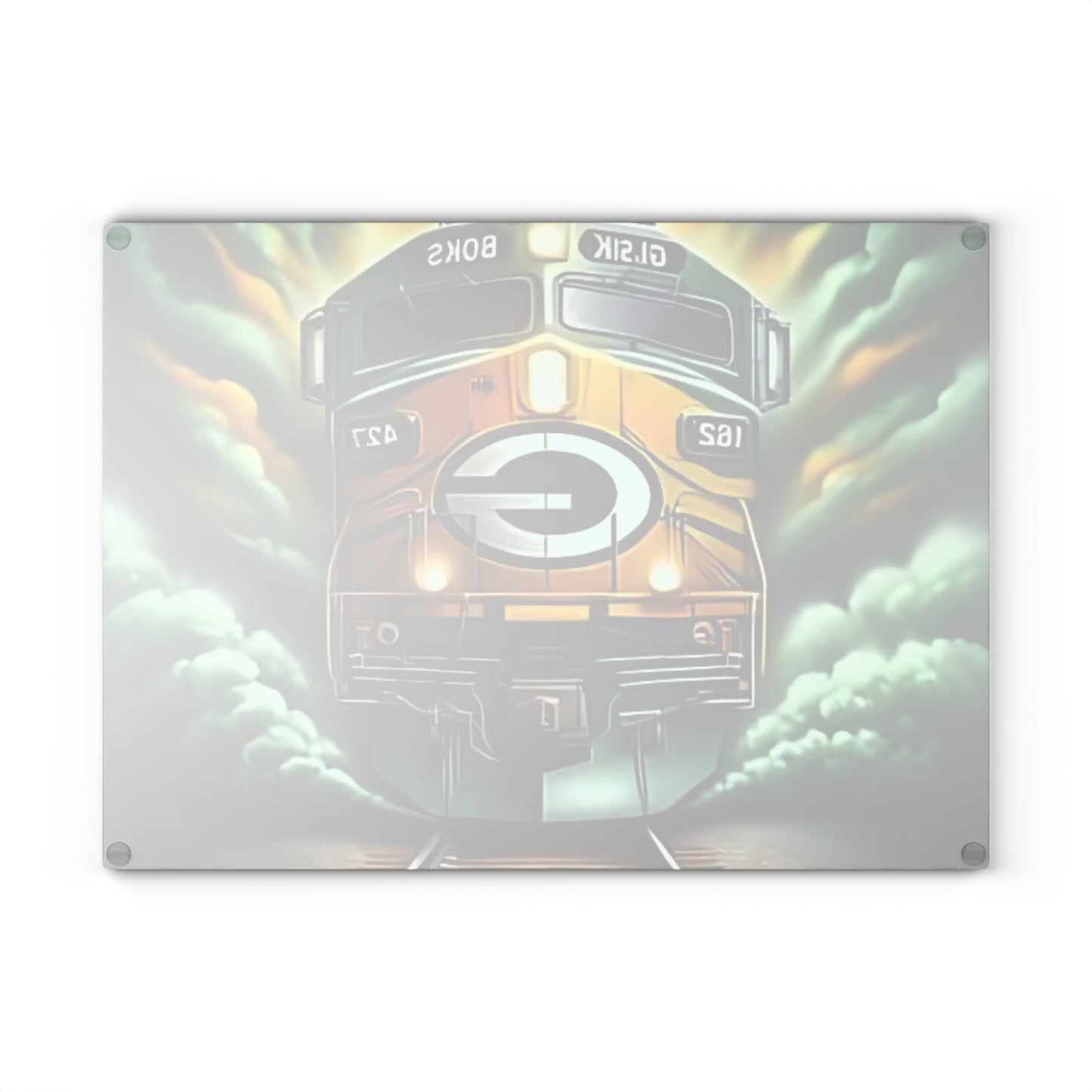 Tabla de cortar de vidrio verde y amarillo Express: exhibición vibrante de cocina de tren
