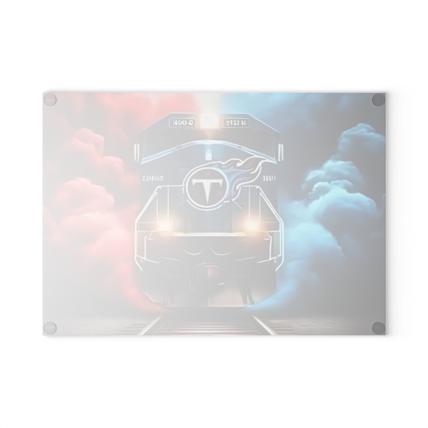 Tabla de cortar de vidrio Express en azul marino y rojo: un diseño de tren audaz para cocinas modernas y atrevidas