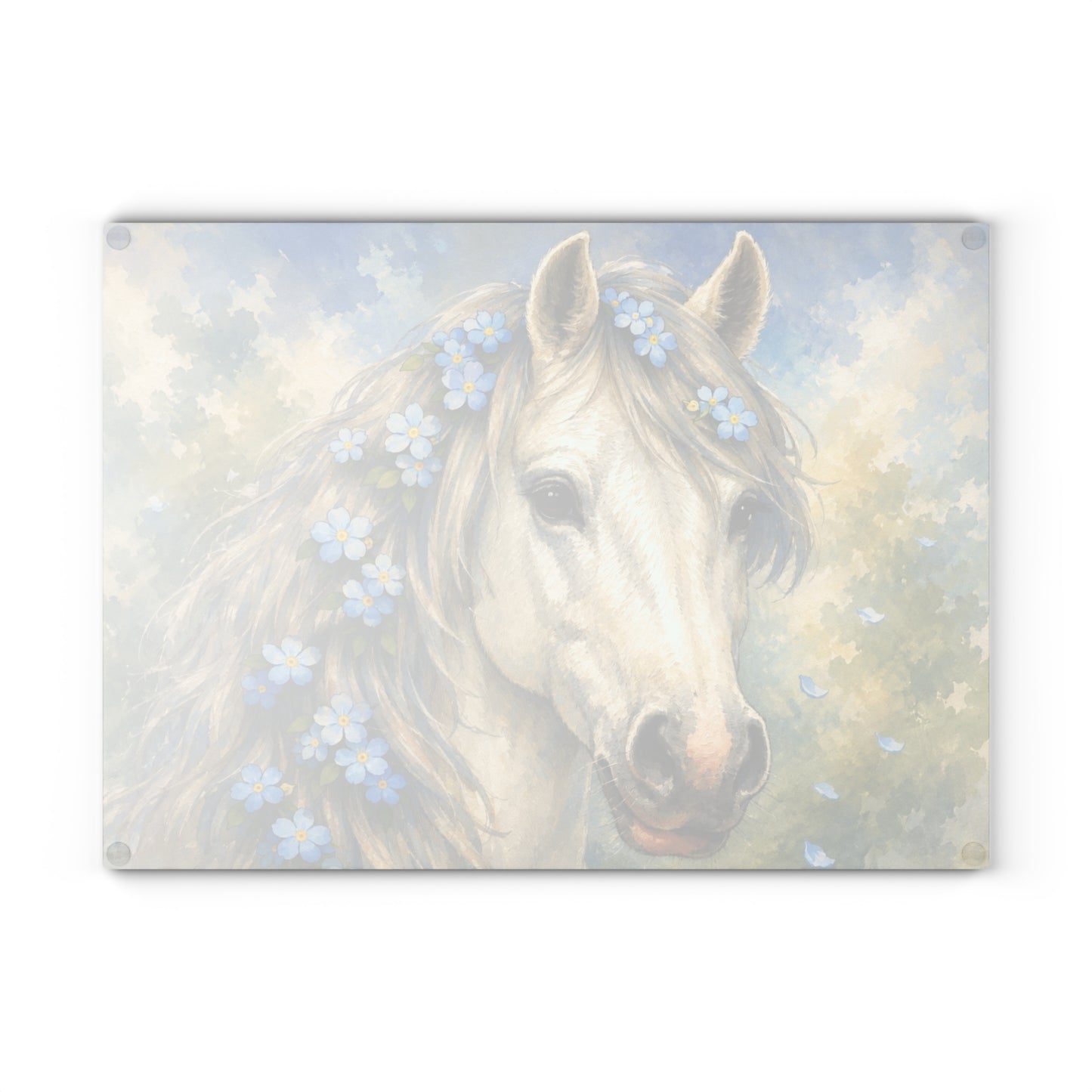 White Horse with Forget-Me-Not Flowers Glass Cutting Board – Elegant Equestrian Kitchen Decor