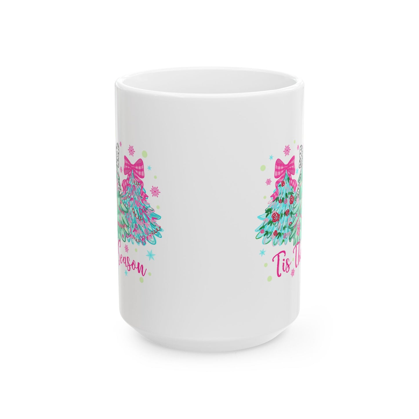 🎀🌲 ‘Tis the Season Mug – Pink Bows, Leopard Accents & Christmas Cheer 💖☕
