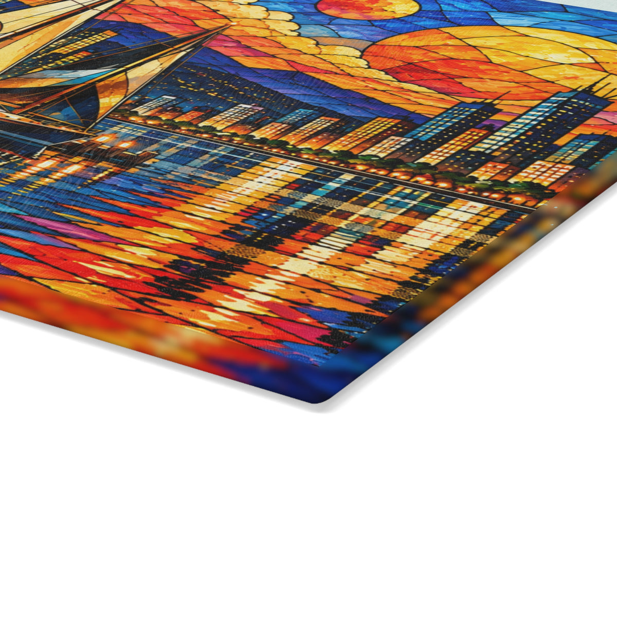 Stained-Glass-Inspired Sailboat Sunset Cutting Board – Colorful City Skyline, Glowing Marina, Golden Sunset & Nautical Kitchen Décor