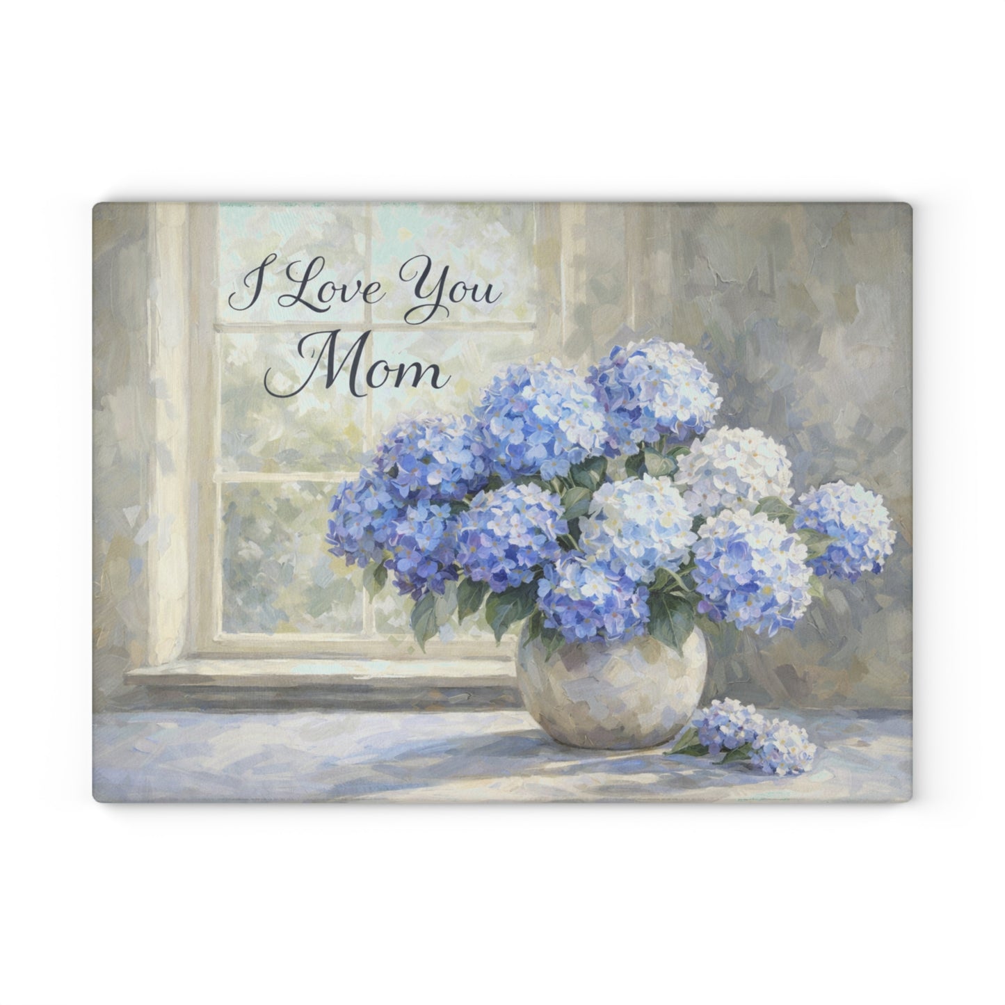 I Love You Mom Hydrangea Glass Cutting Board – Soft Floral Mother’s Day Gift