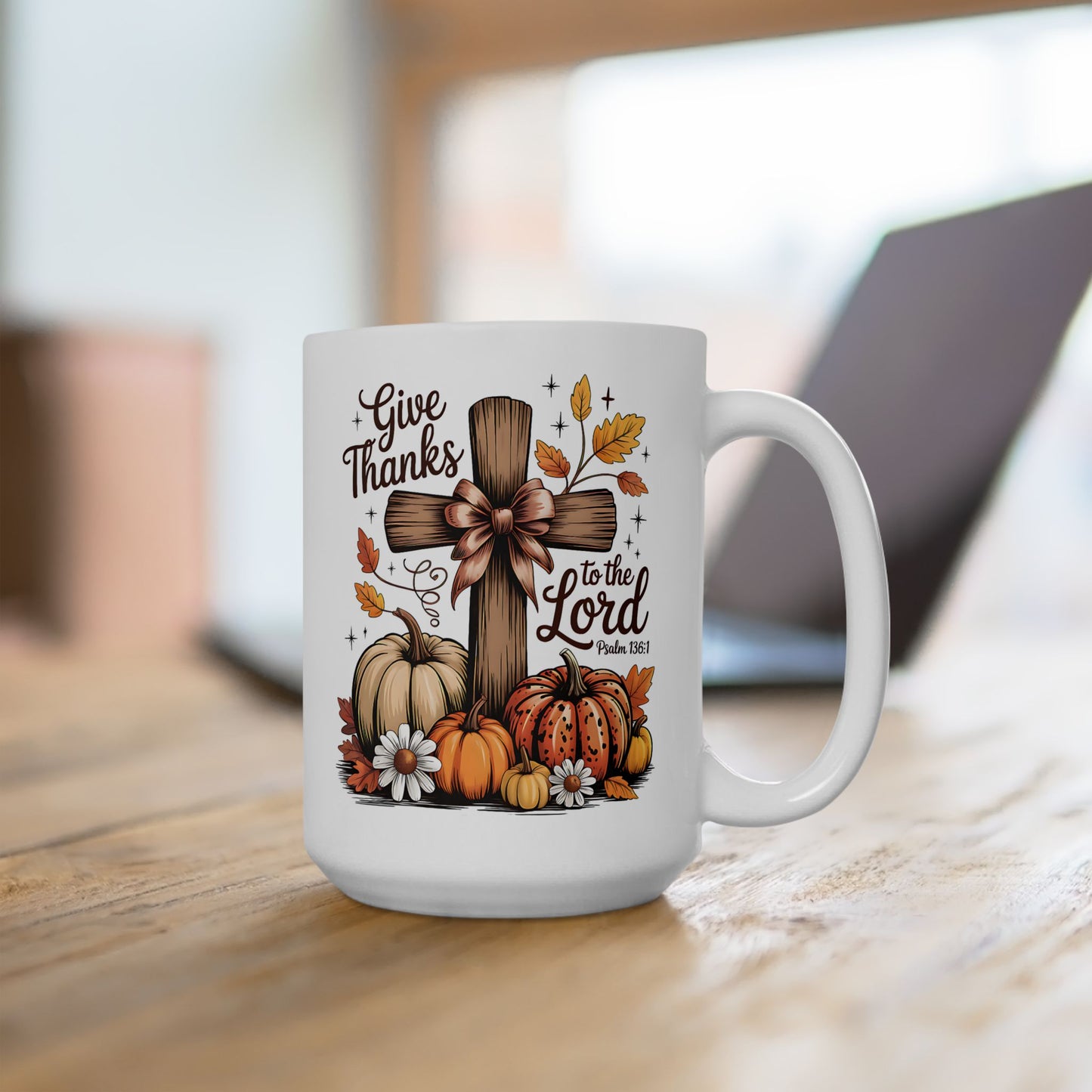 ✝️🍂 Give Thanks to the Lord Mug – Christian Fall Coffee Cup with Pumpkins & Scripture 🌻☕