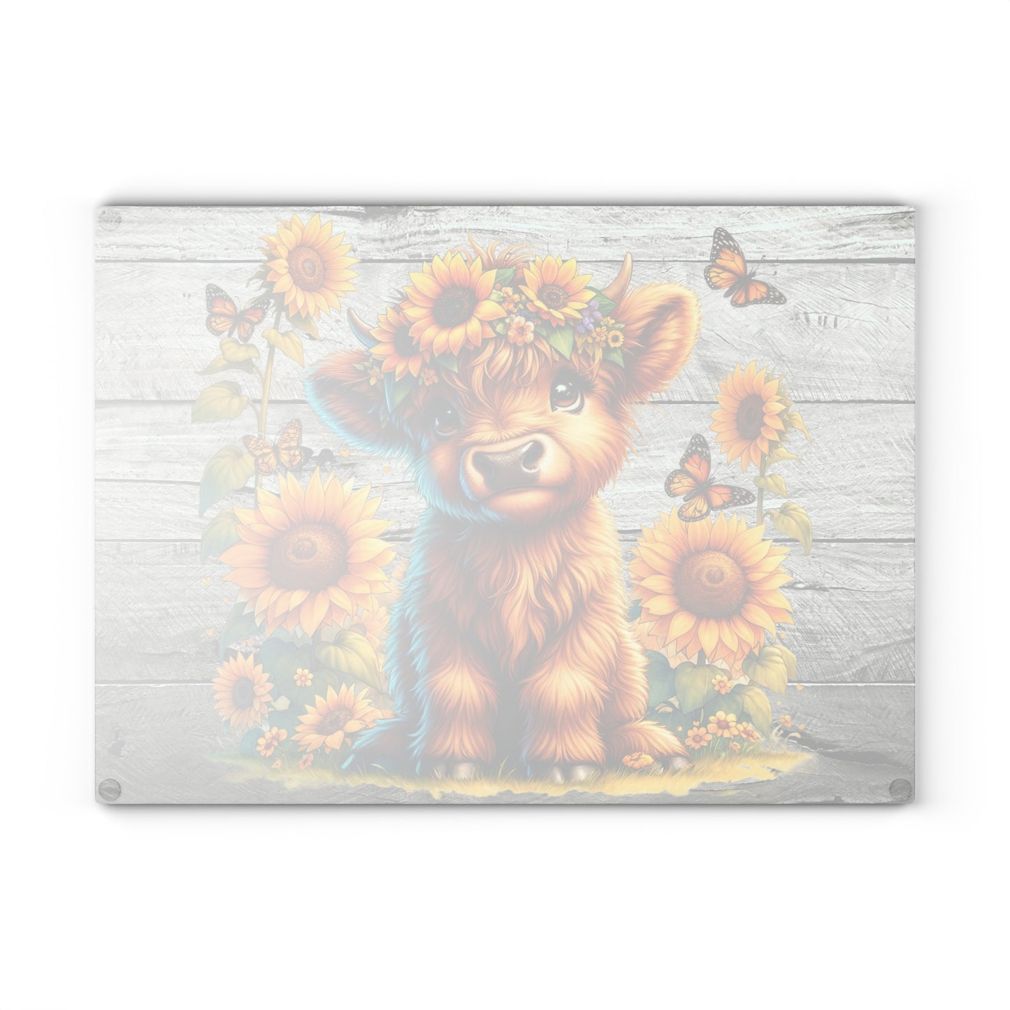 Highland Cow with Sunflowers & Butterflies – Rustic Floral Glass Cutting Board