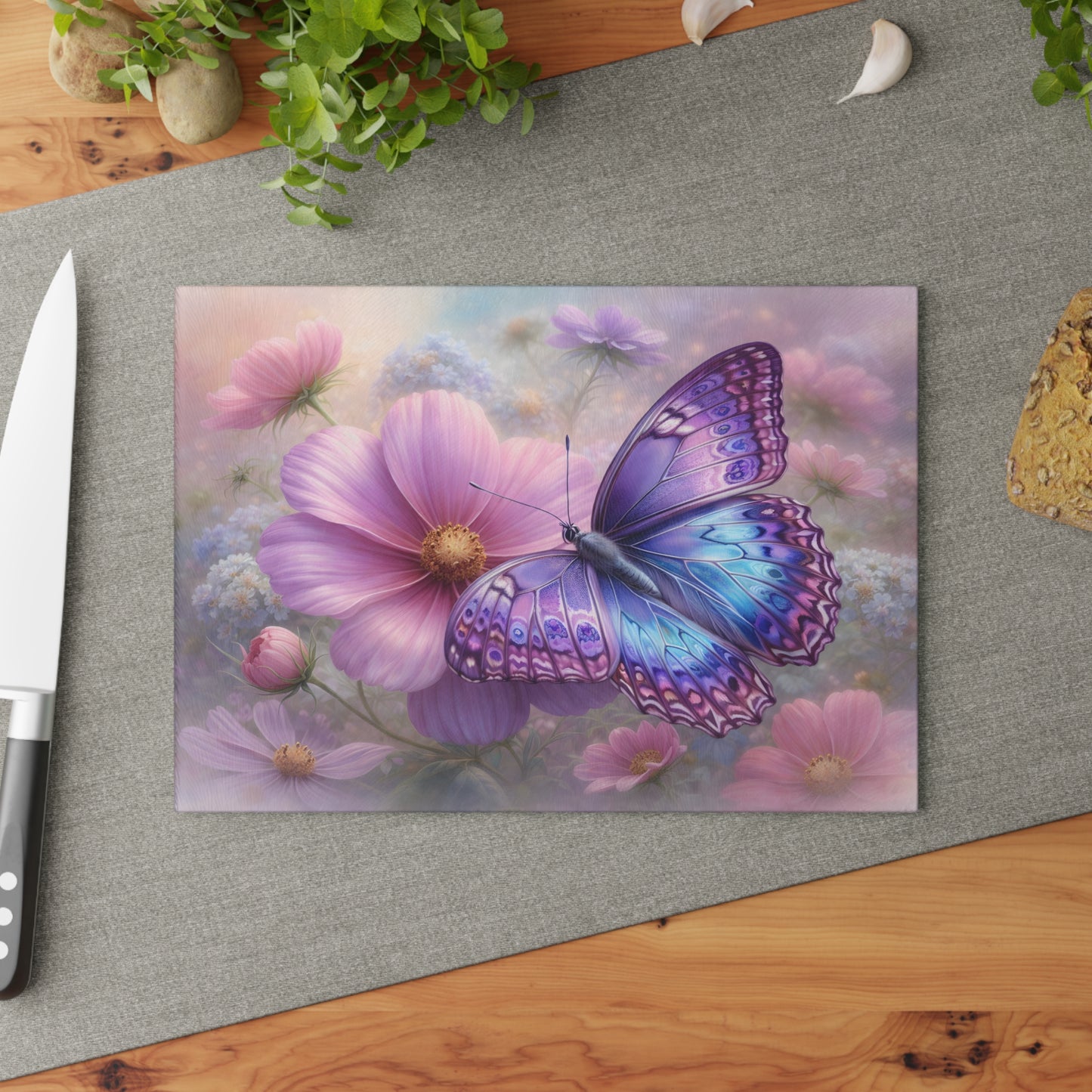 Purple & Blue Butterfly Glass Cutting Board – Dreamy Cosmos Floral Butterfly Art