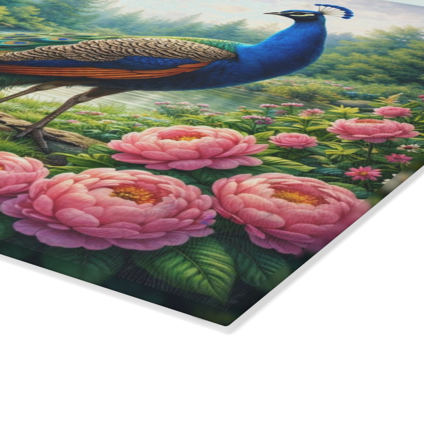 Teal Peacock Garden Glass Cutting Board – Elegant Floral Nature Art Kitchen Display