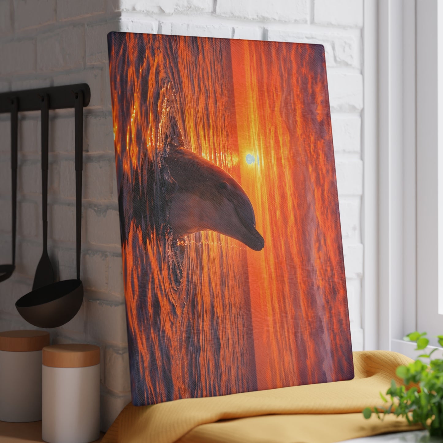 Dolphin Sunset Glass Cutting Board – Ocean Serenity Coastal Kitchen Decor