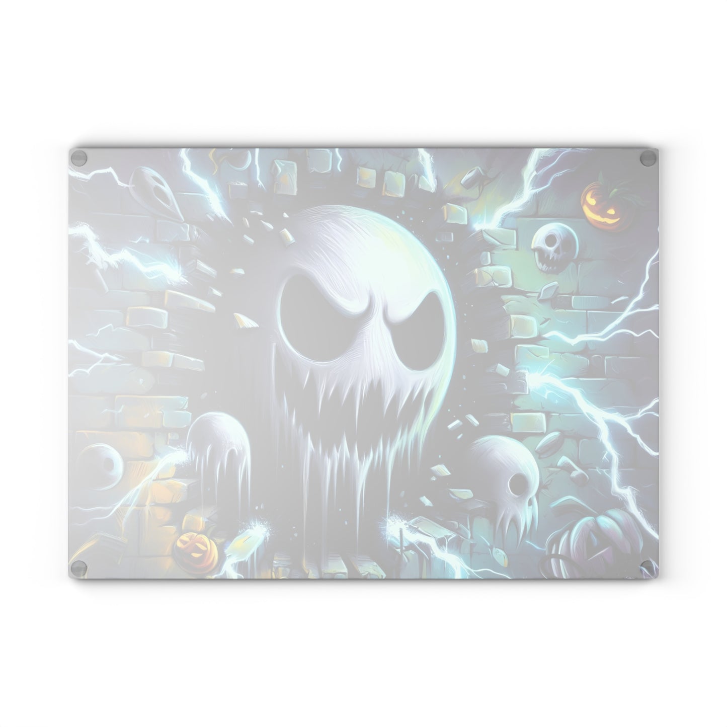 👻 Electric Ghost Face Cutting Board – Haunting Halloween Style with Skulls, Lightning & Bricks ⚡🎃