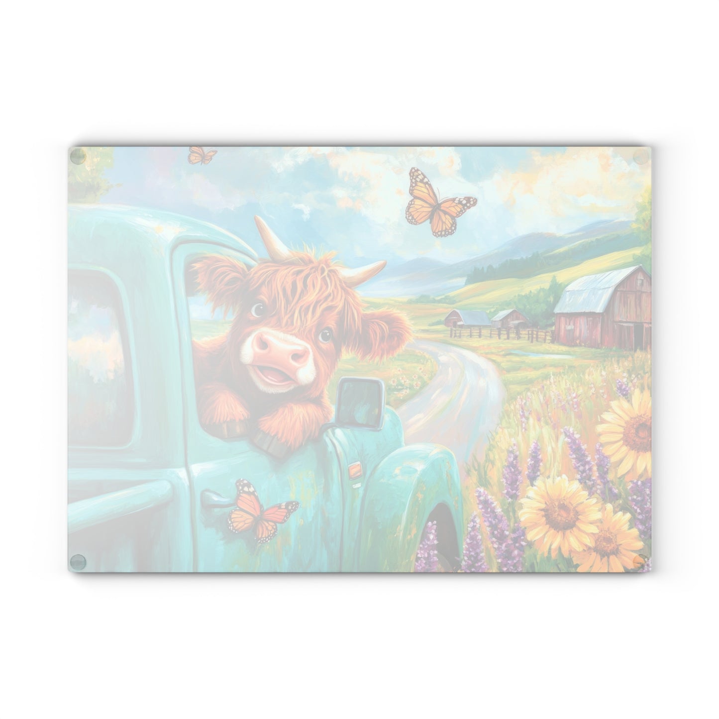 🚜🌻 Baby Highland Cow in Old Truck Glass Cutting Board – Rustic Farm Charm with Sunflowers & Barn 🌼