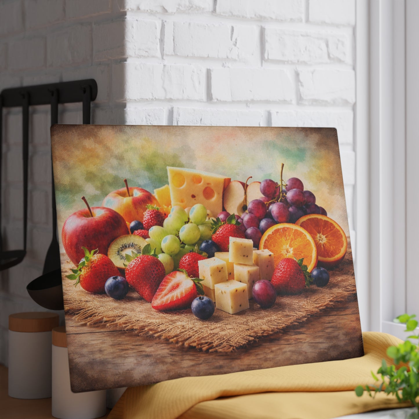 Farmhouse Fruit and Cheese Still Life Glass Cutting Board – Rustic Kitchen Art with Vibrant Harvest Colors