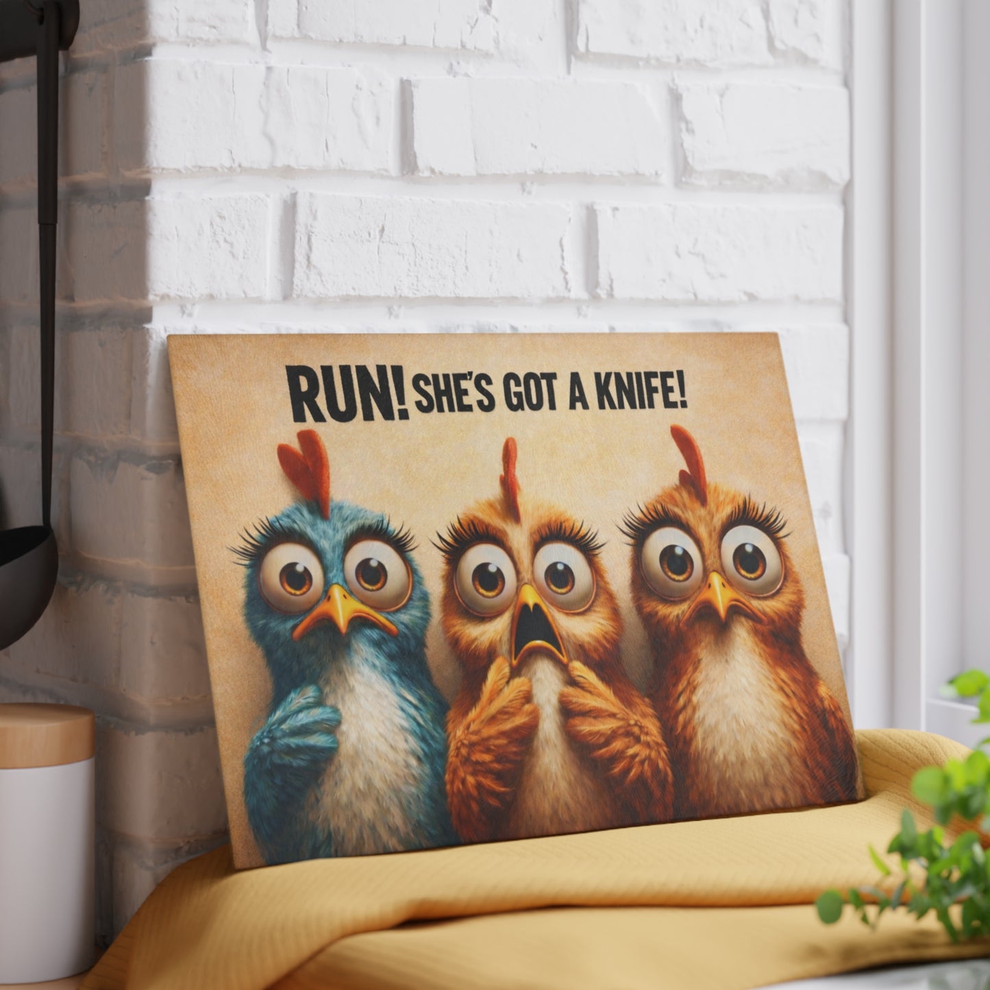 RUN! She’s Got a Knife Glass Cutting Board – Wide-Eyed Chicken Panic Farmhouse Artwork