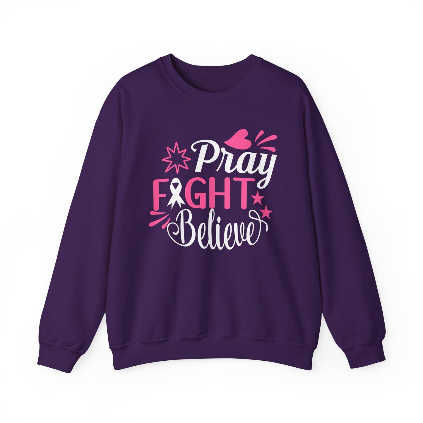 🙏🎀 Pray Fight Believe Sweatshirt – Breast Cancer Awareness & Faith Crewneck