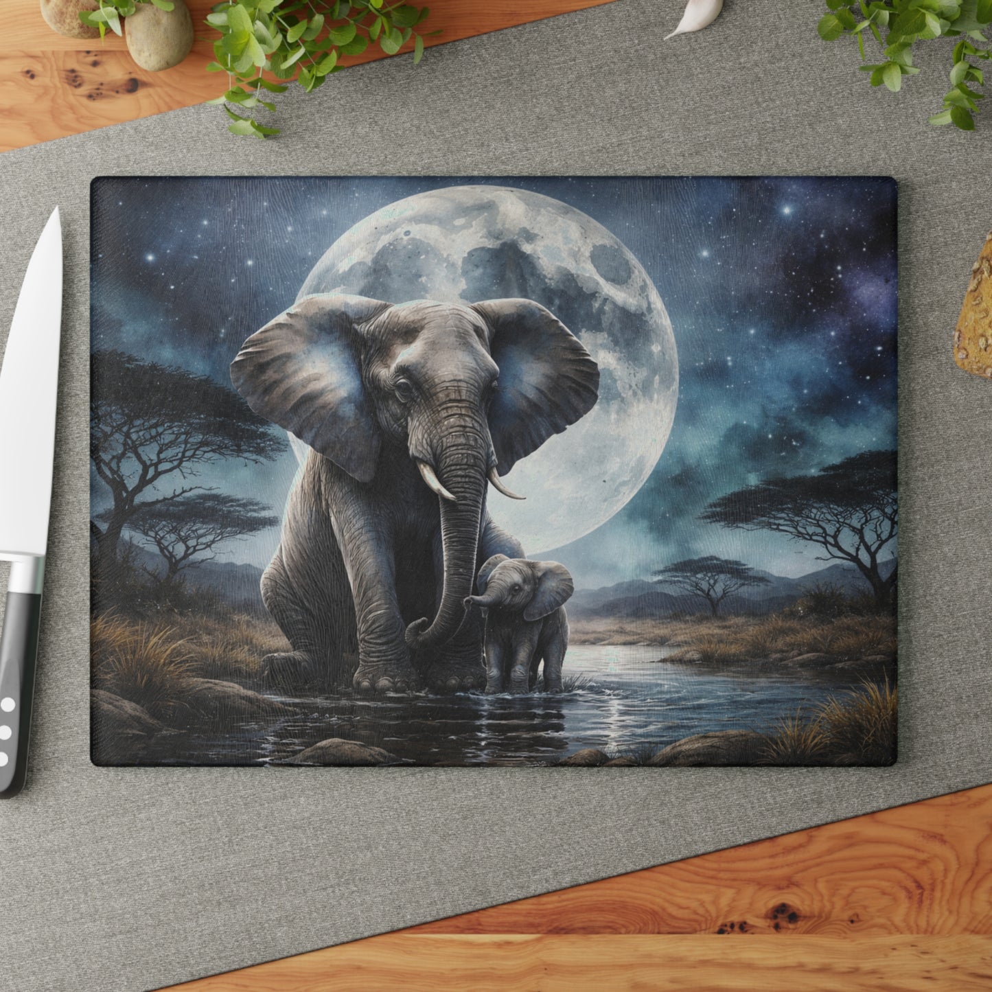 Moonlit Elephant and Calf Glass Cutting Board – Mystical Night Safari Wildlife Art