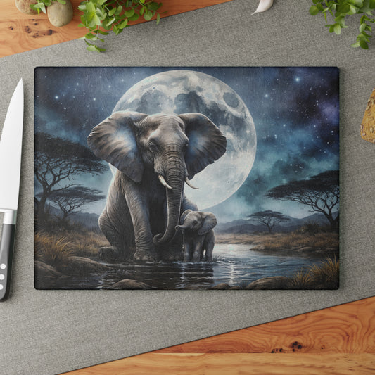 Moonlit Elephant and Calf Glass Cutting Board – Mystical Night Safari Wildlife Art