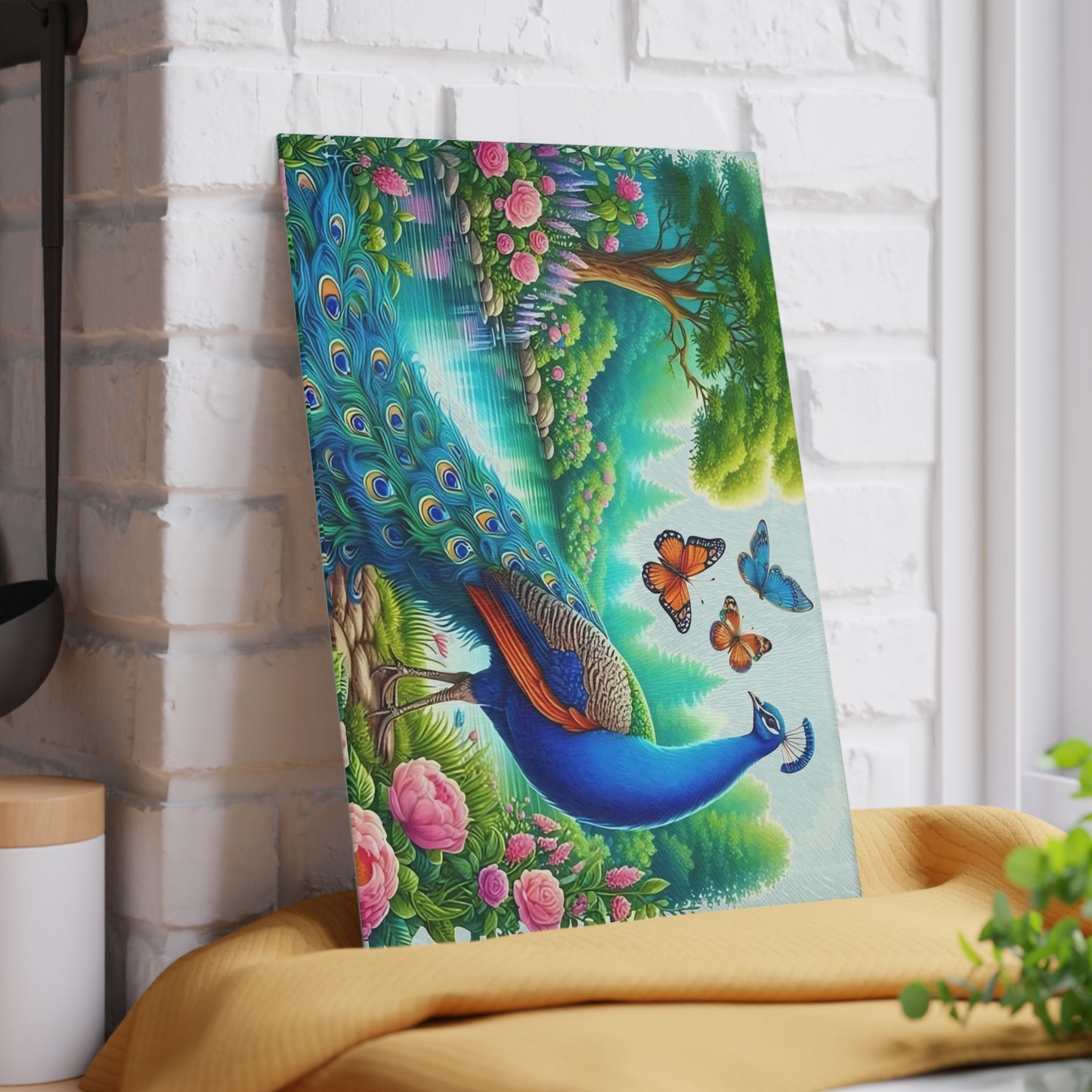 Peacock decor, butterfly decor, cutting board, kitchen decor, kitchen art, serving board, peacock gift, butterfly gift, floral cutting board