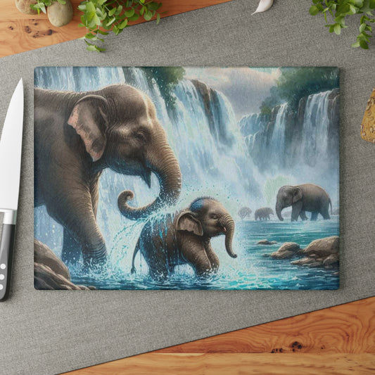 Tabla de cortar de vidrio templado con diseño de cascada de mamá y bebé elefante, decoración de cocina con temática de vida silvestre, regalo único, regalo para amantes de los elefantes, regalo personalizado
