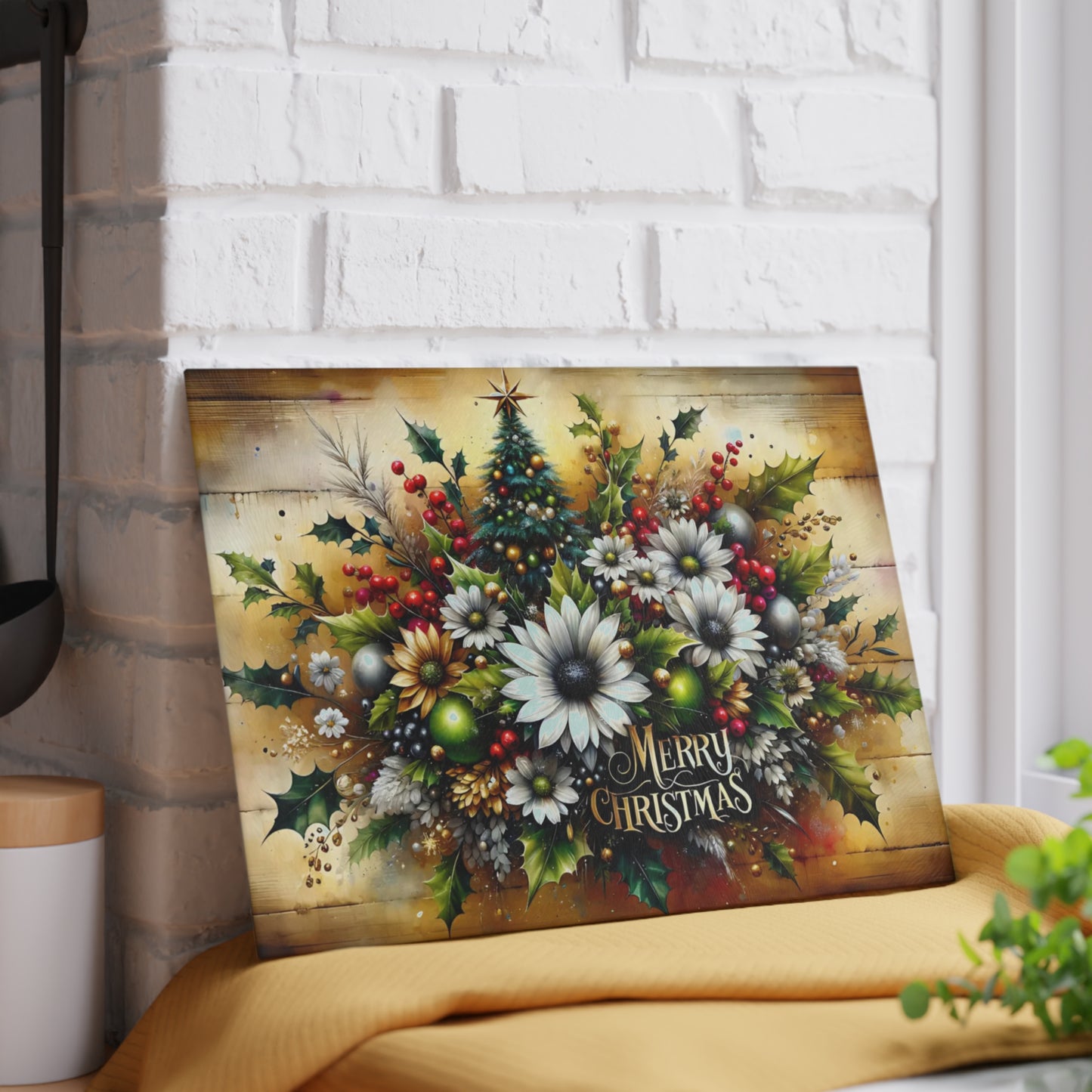🎄✨ “Merry Christmas Florals” Glass Cutting Board – Festive Farmhouse Glow for Your Kitchen
