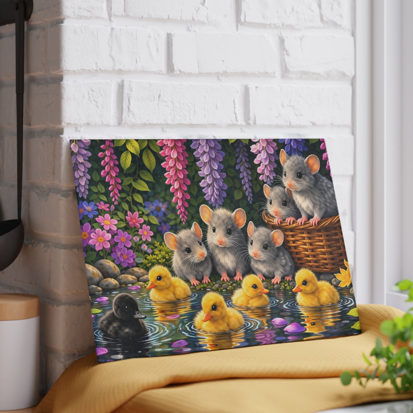 Baby Ducklings and Mice Pond Glass Cutting Board – Whimsical Woodland Garden Artwork