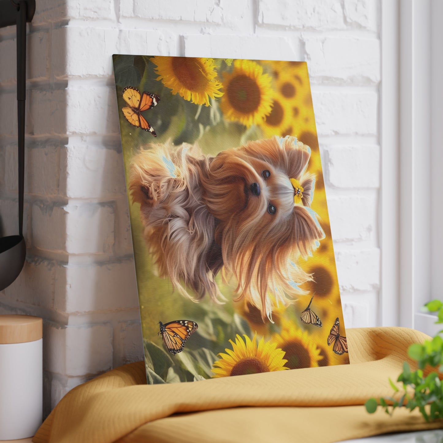 Yorkie in the Sunflowers – Tempered Glass Cutting Board