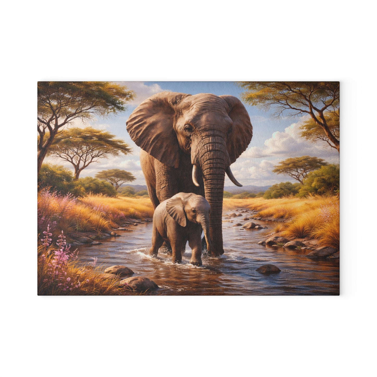 Mother & Baby Elephant Glass Cutting Board – African Safari Wildlife Kitchen Art